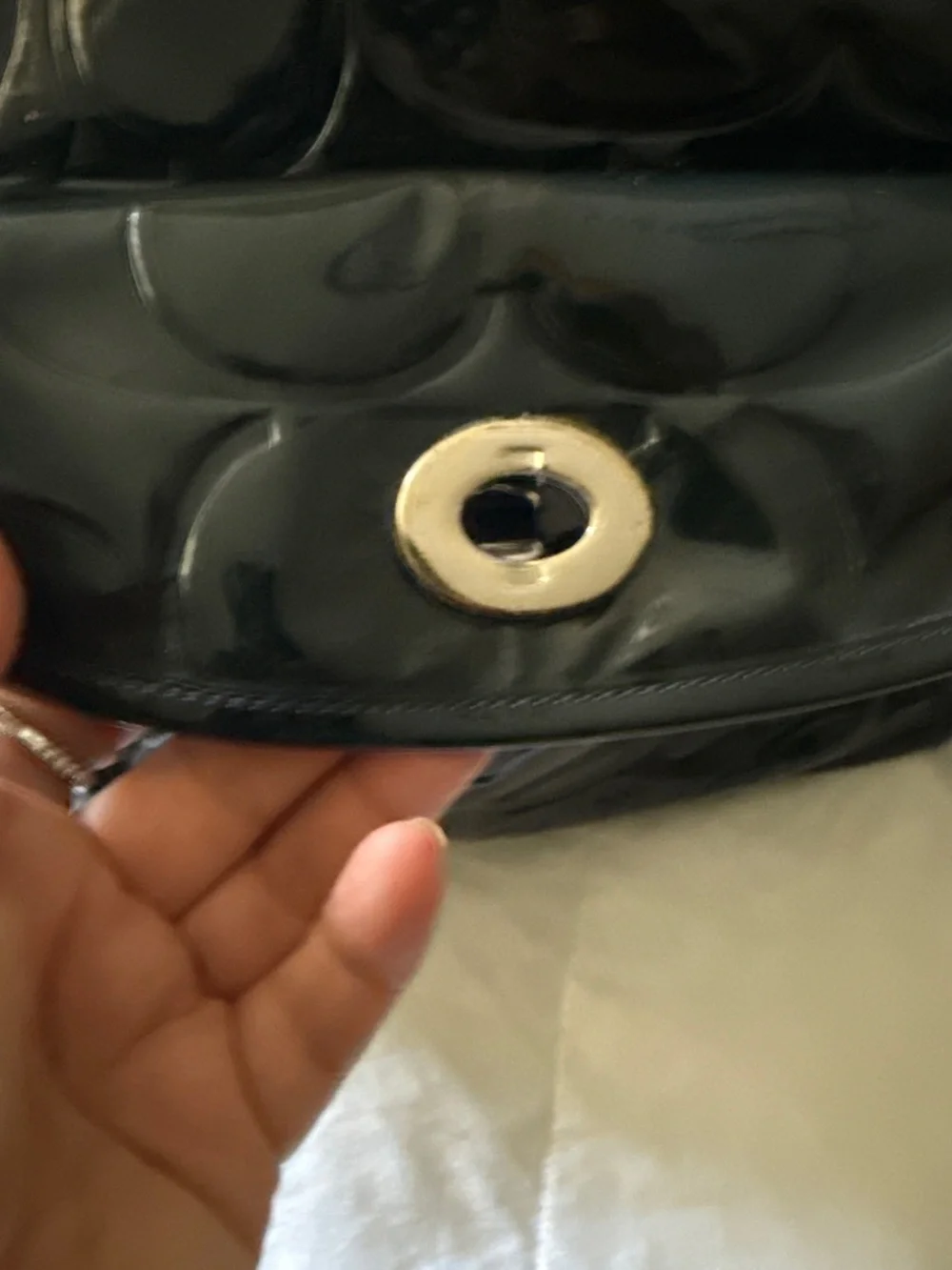 Coach dark blue Patent Tote with Tan Leather Straps